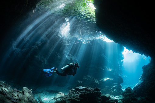 Beautiful light beams through the jungle canopy then into this cavern system. Beautiful light beams through the jungle canopy then into this cavern system.